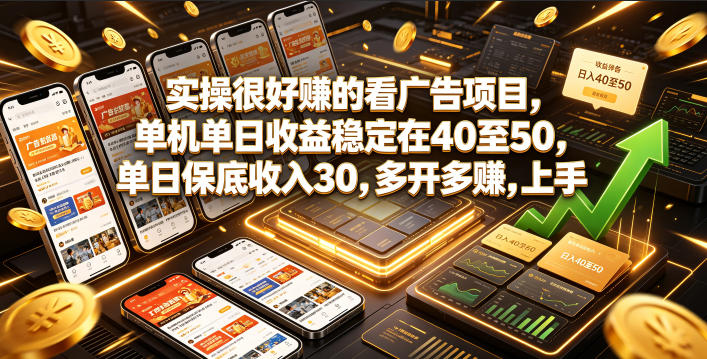 实操很好賺的看广告项目，单机单日收益稳定在40至50，单日保底收入30，多开多賺，上手就能变现