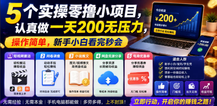 5个实操零撸小项目,认真做一天200无压力,操作简单,新手小白看完秒会