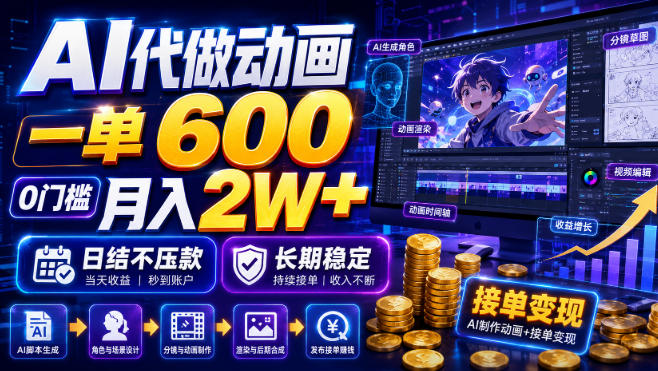 AI代做动画,一单600,0门槛月入2W+,日结不压款,长期稳定