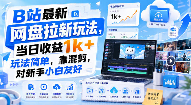 B站最新网盘拉新玩法，当日收益1k+玩法简单，靠混剪，对新手小白友好