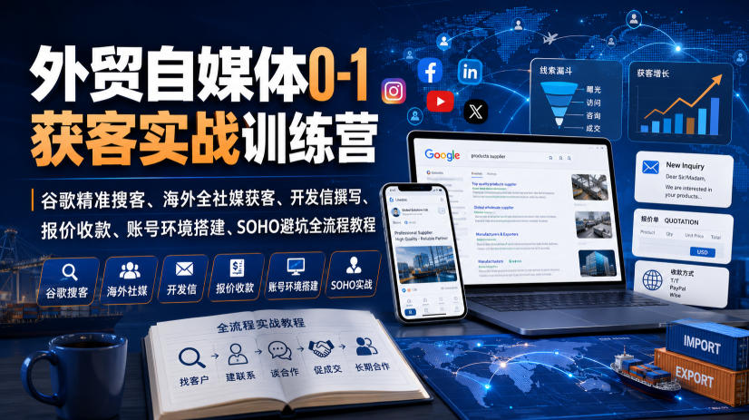 外贸自媒体0-1获客实战训练营｜谷歌精准搜客、海外全社媒获客、开发信撰写、报价收款、账号环境搭建、SOHO避坑全流程教程（更新）