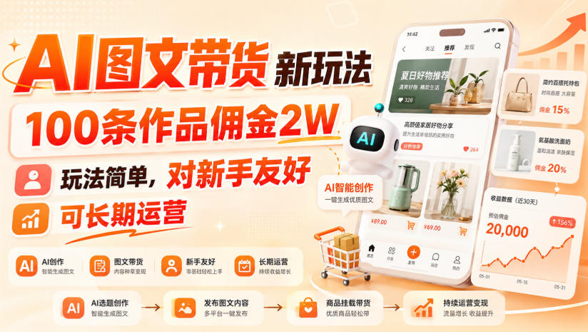 AI图文带货新玩法,100条作品佣金2W,玩法简单,对新手友好,可长期运营