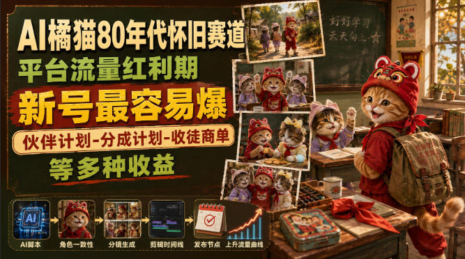 AI橘猫80年代怀旧赛道,平台流量红利期,新号最容易爆,伙伴计划-分成计划-收徒商单等多种收益