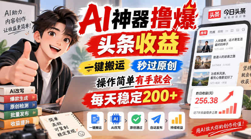 AI神器撸爆头条收益，一键搬运，秒过原创，操作简单有手就会，每天稳定200+
