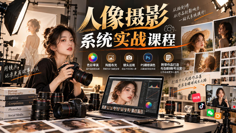 人像摄影系统实战课程,色彩审美、构图布光、镜头运用、PS精修调色,附带作品打造与自媒体账号运营