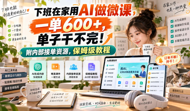 下班在家用AI做微课，一单600+，单子干不完！附内部接单资源，保姆级教程