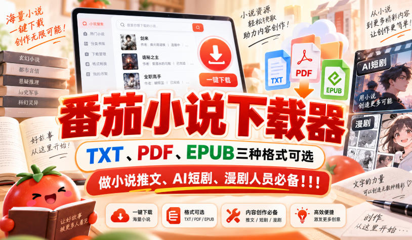 番茄小说下载器，TXT、PDF、EPUB三种格式可选，做小说推文、AI短剧、漫剧人员必备