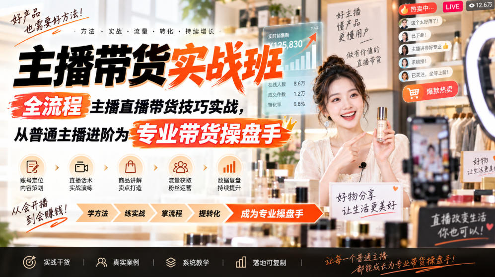 主播带货实战班ZB，全流程主播直播带货技巧实战，从普通主播进阶为专业带货操盘手