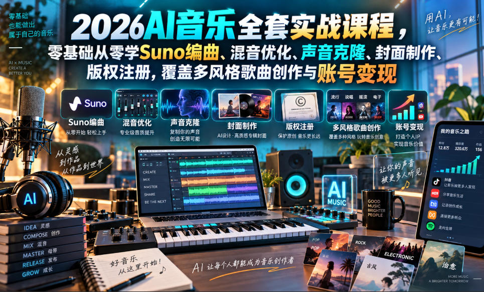 2026AI音乐实战课程,零基础从零学Suno编曲、混音优化、声音克隆、版权注册,覆盖多风格歌曲创作与账号变现(更新0921)