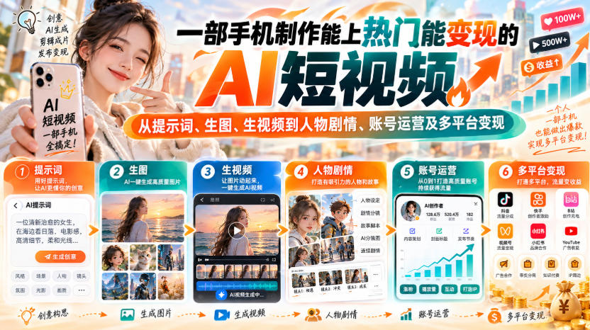 一部手机制作能上热门能变现的AI短视频,从提示词、生图、生视频到人物剧情、账号运营及多平台变现