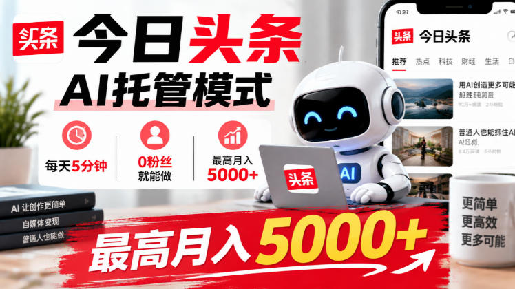 今日头条AI托管模式,每天5分钟,0粉丝就能做,最高月入5000+