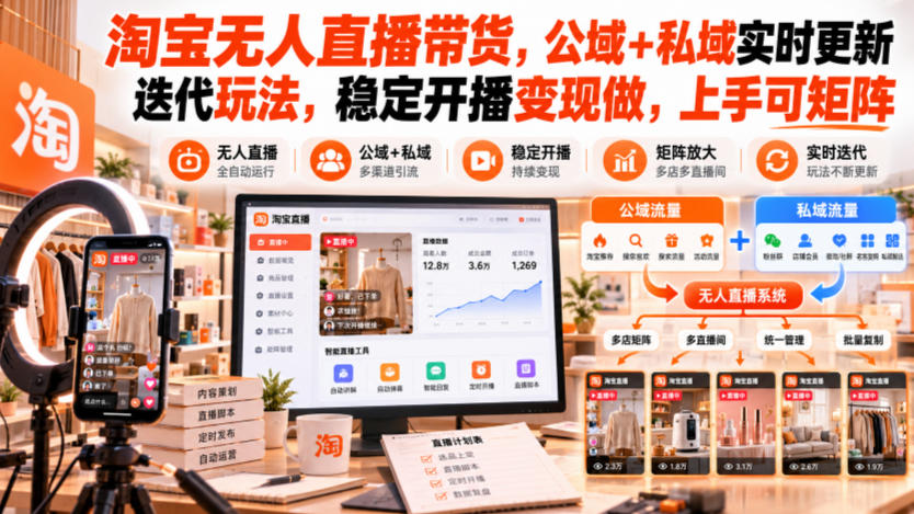 淘宝无人直播带货,公域+私域实时更新迭代玩法,稳定开播变现做,上手可矩阵