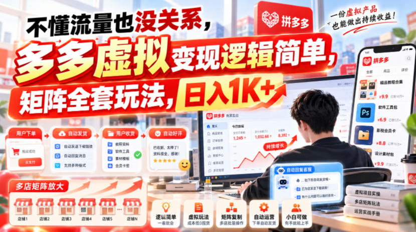 不懂流量也没关系,多多虚拟变现逻辑简单,矩阵全套玩法,日入1K+