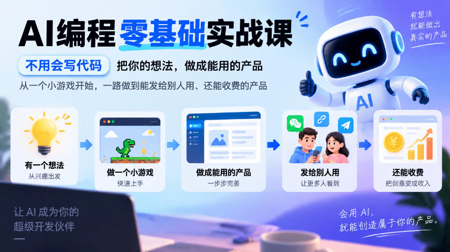 AI编程零基础实战课,不用会写代码,把你的想法,做成能用的产品,从一个小游戏开始,一路做到能发给别人用、还能收费的产品(更新1030)